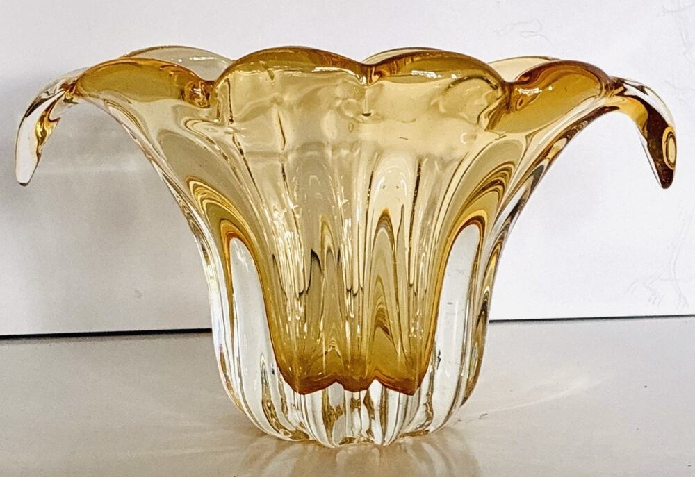 Vintage Amber Curled Tulip Shape Hand Blown Amber To Clear Scalloped Thick Base